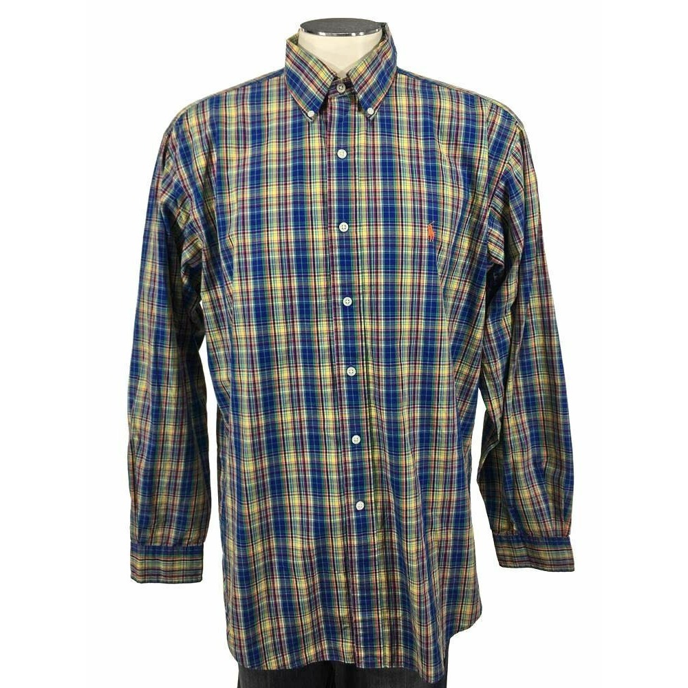 Ralph Lauren Button Down Shirt L‎ 16.5 Classic Blue Multicolor Plaid Mens